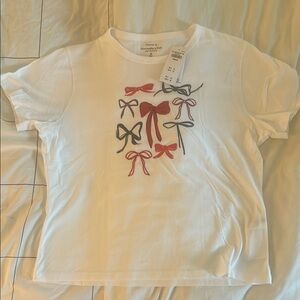 Abercrombie & Fitch White Tee with Red and Black Bow Accents